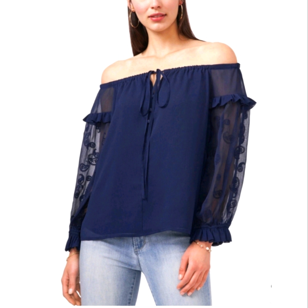 Vince Camuto Blue Long Sleeve Tie Front Blouse Embroidered Peasant Top Sz. L